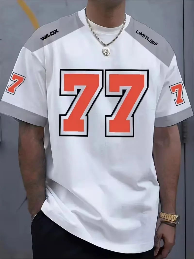 Mens T-shirt Big Number 77 Graphic Shoulder Panel Letter Text Print Short Sleeve Crew Neck vintage Sports Casual Top