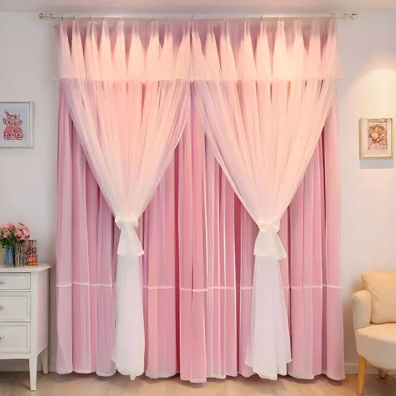 Princess Style Pink Double Layer Curtain with Sheer Voile for Girls Kids Bedroom Blackout & Tulle Window Drapes Romantic Decor