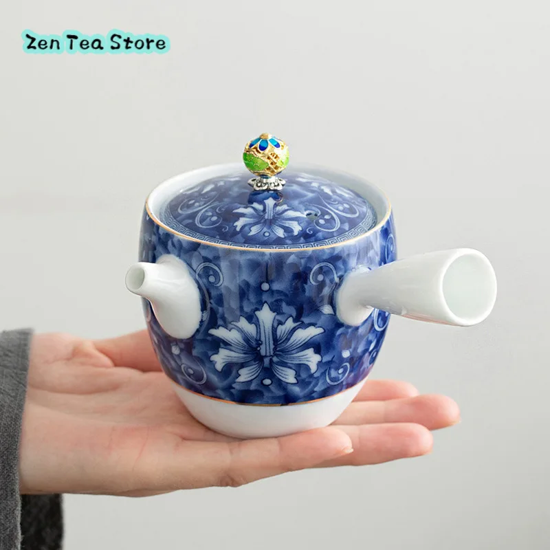 Ceramic Teapot White Porcelain Kung Fu Tea Set Household Hand Tracing Gold Blue And White Side Pot Filter Tea Infuser Single Pot