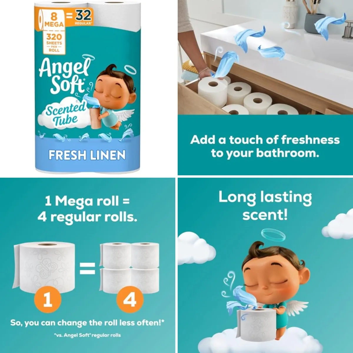 Angel Soft Toilet Paper with Fresh Linen Scented Tube, 8 Mega Rolls = 32 Regular Rolls, Soft and Strong Toilet Tissue