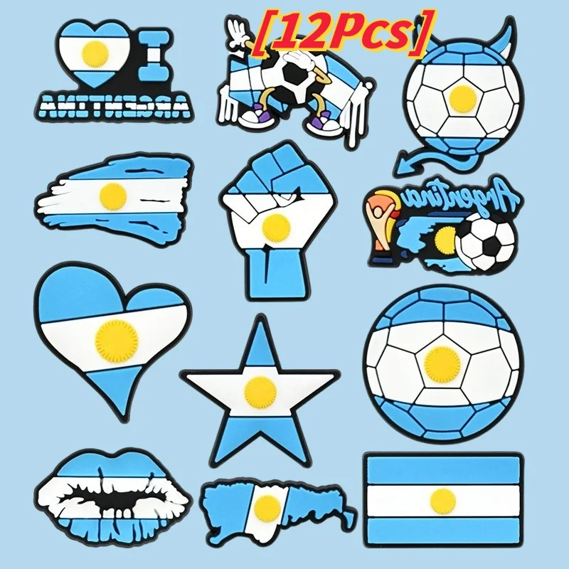 12Pcs I love Argentina PVC Shoe Charms Blue Stars Football Flag DIY Shoes Decor Accessories Clog Sandal Buckle Holiday Present