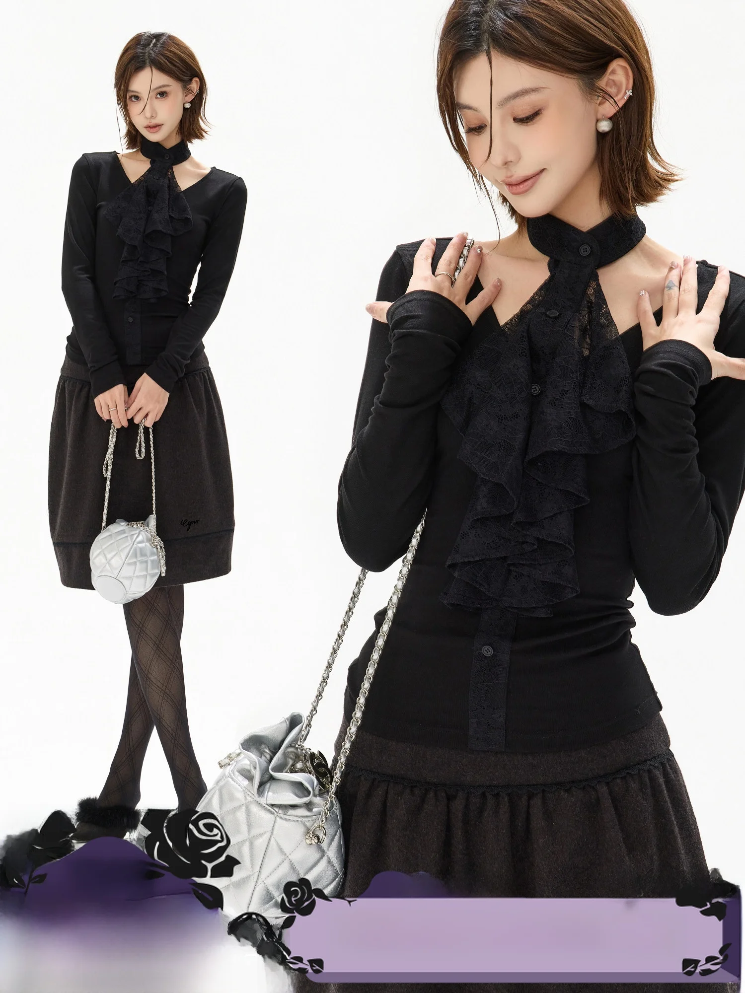 

Вязаный свитер CYNR Original Design в винтажном стиле с кружевной отделкой, V-образным вырезом, однорядными пуговицами и приталенным силуэтом для женщин, длинный рукав