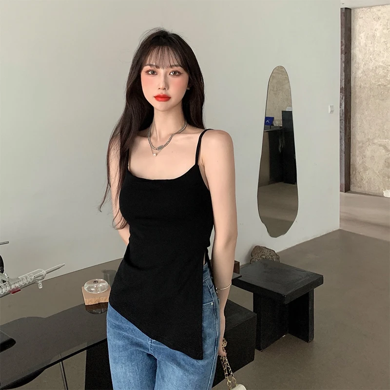 Nueva moda camisola con abertura lateral Irregular mujer chica 2025 verano sólido todo-fósforo sin mangas Sexy Tops