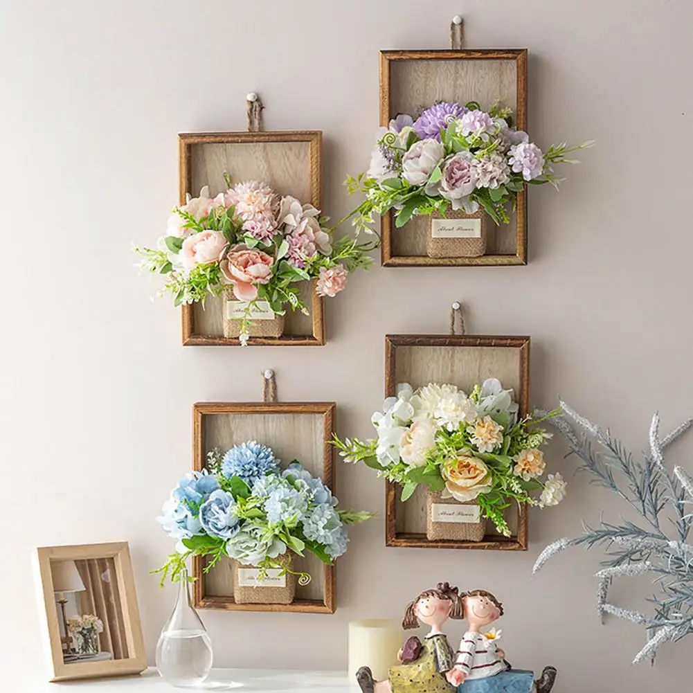 Office Wall Decoration Artificial Hydrangea Wall Hanging Decoration Fake Silk Flower Plants Wooden Frame Home Office Room