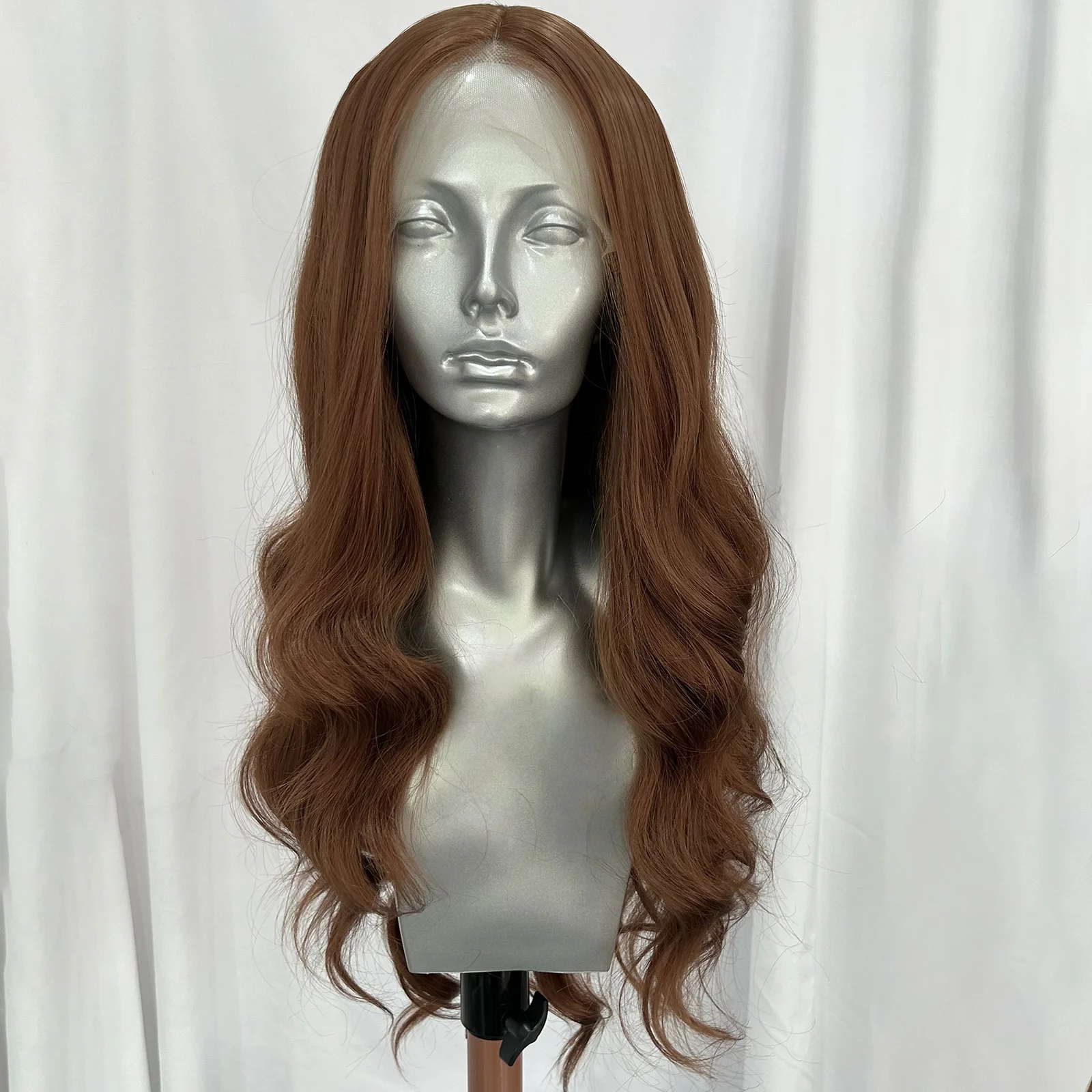 Lichtbruine losse body wave kanten pruiken voor vrouwen lijmloze roodbruine krullende golvende synthetische hittebestendige vezel dagelijks gebruik