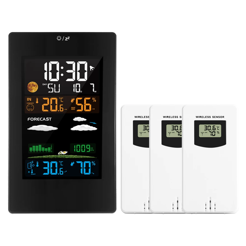 FanJu FJ3389B misuratore di umidità della temperatura da parete 3 sensore Wireless orologio elettronico da tavolo con previsioni del tempo sveglia