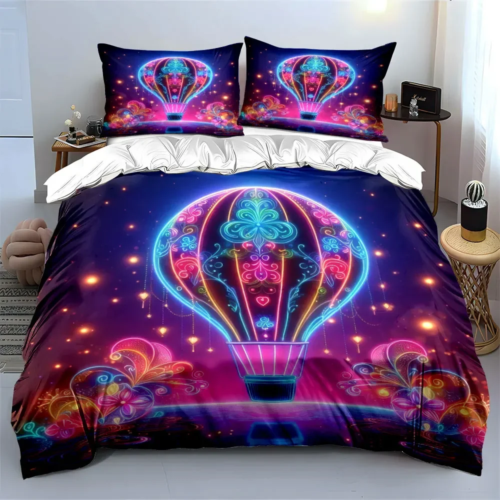 Colorful Hot Air Balloon Decor Bedding Set with 1 Duvet Cover 2 Pillowcases Single Double King Queen, Gift