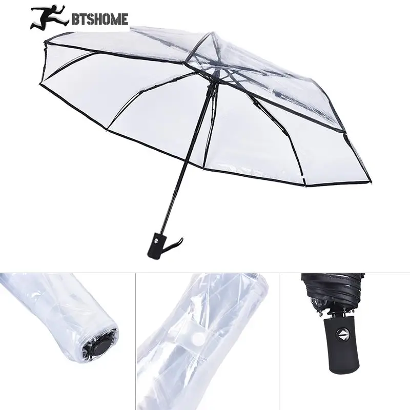 Guarda-chuva transparente à prova de vento, Conveniente e Sem esforço, Fechar Aberto Automático, Claro, Compacto, 1Pc