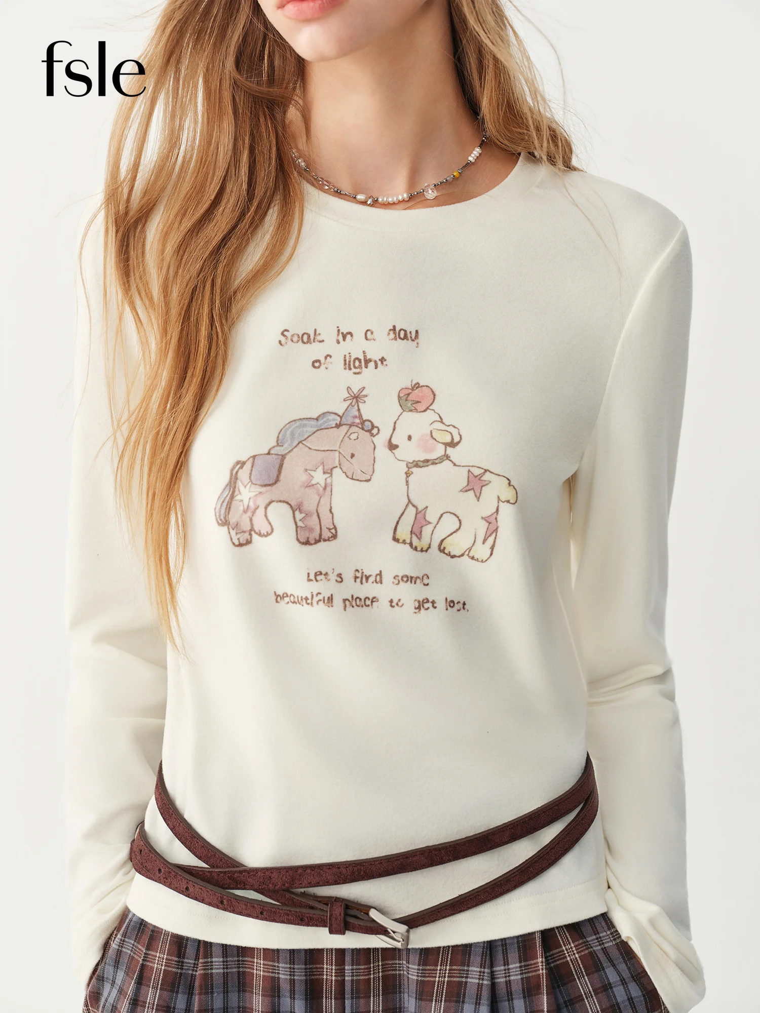 FSLE Wool-lined Long-sleeved Knit T-shirt Women's Base Layer Cartoon Print New Style for Autumn and Winter 2026