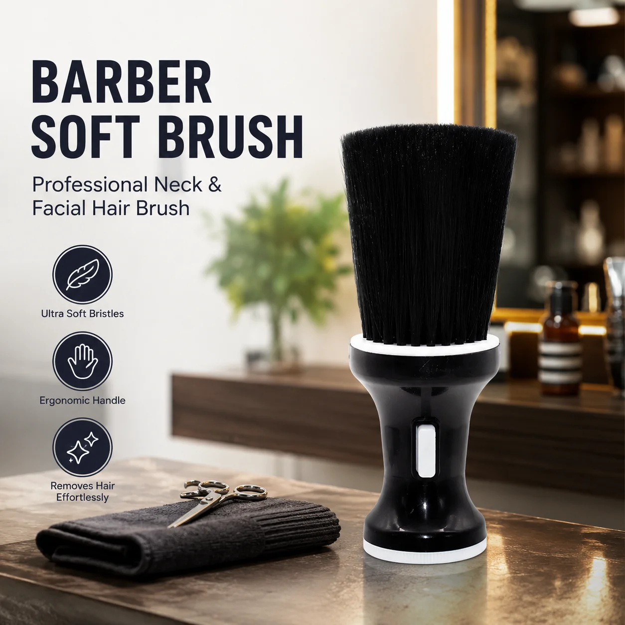 BarberTop 2-in-1 Barber Brush Soft Nano Fiber Hair Sweep with Press Powder Dispenser Neck Duster Tool for Salon Home