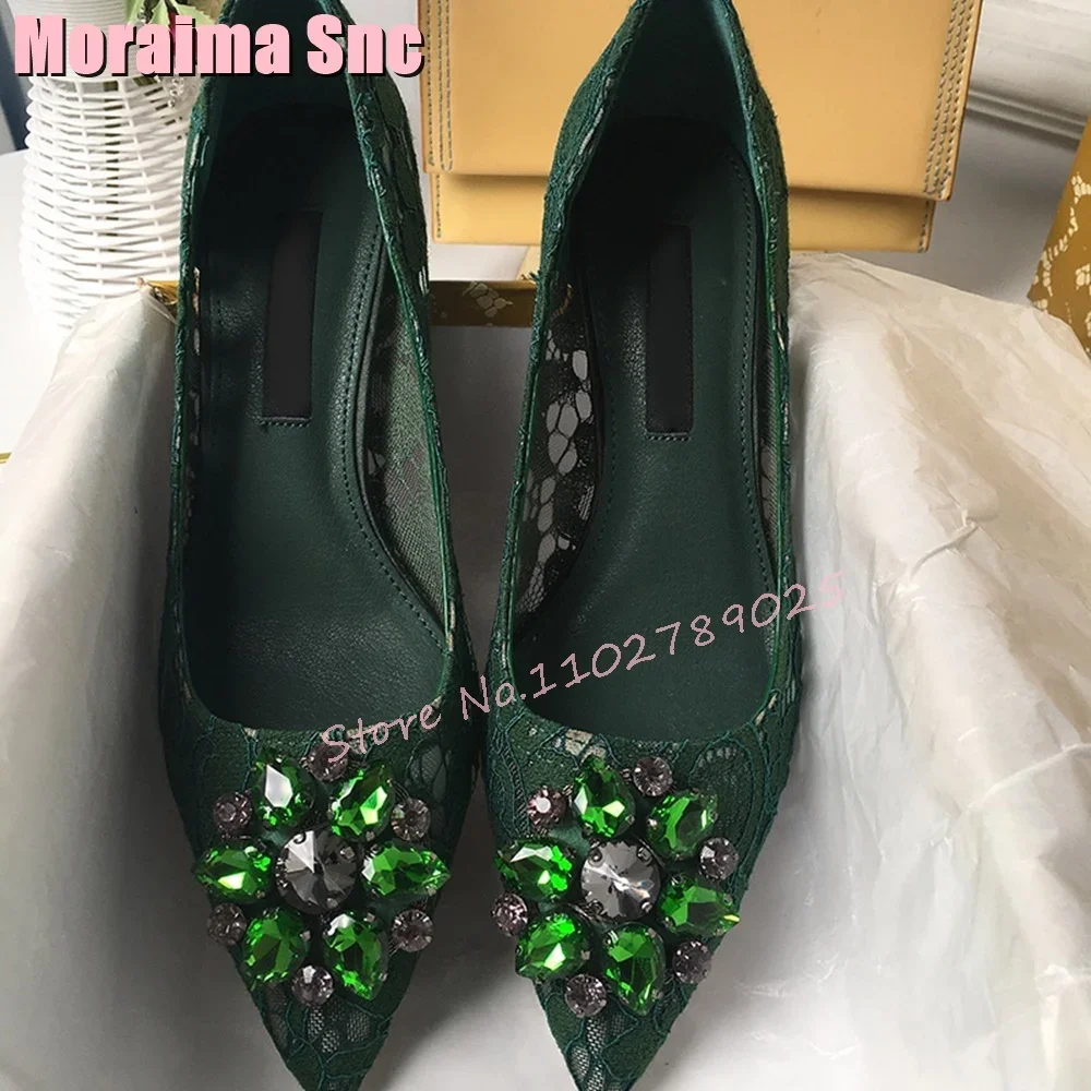 Luxury Rhinestone Lace Shallow Pumps Stiletto High Heels Slip On Dark Green Sexy Elegant Women Shoes Summer Banquet Fashion 2023 image 6