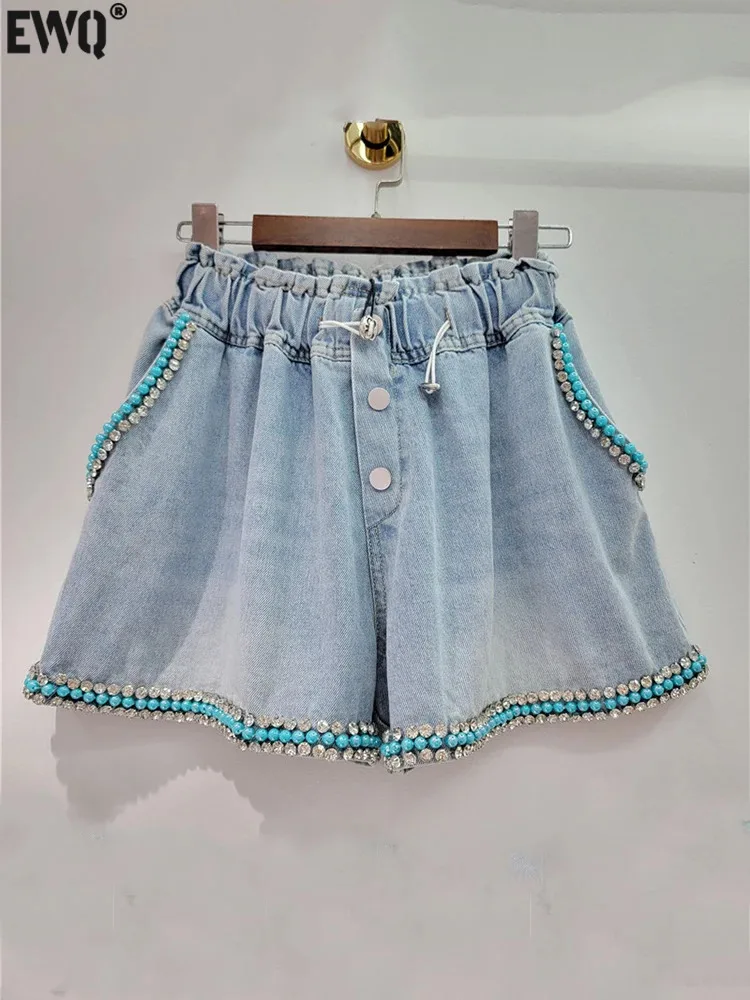 

[EWQ] Beautiful Blue Diamond Studded Colorful Beads High Waist Wide Leg Denim Shorts Women's Clothes 2024 Spring Summer 16U9052