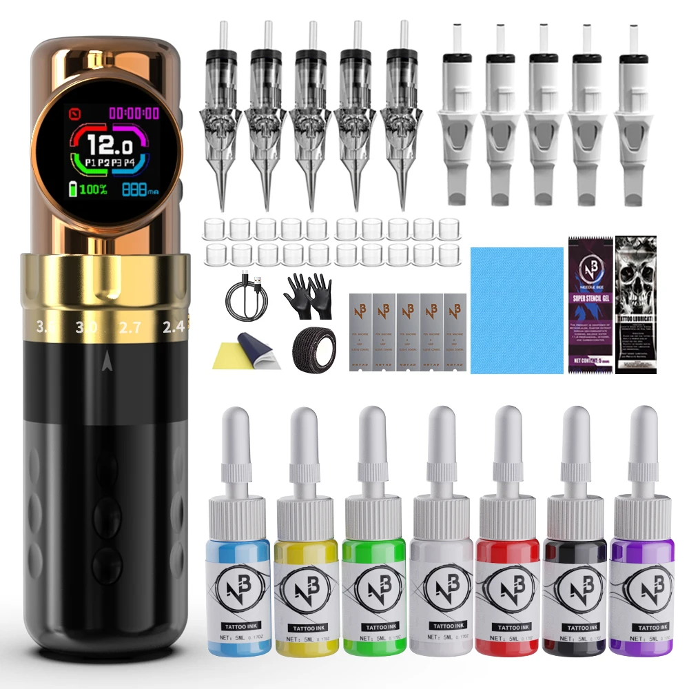 Tattoo Pen Set with Adjustable Color Touch Screen Wireless Battery, 10 Tattoo Cartridge Needles, 7 Colors 30ml Tattoo Ink Set, Multifunctional Tattoo Set for Beginners and Artists