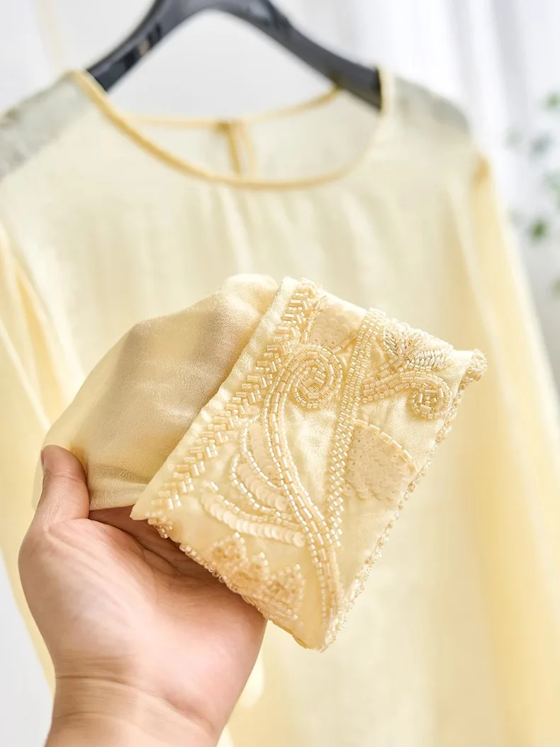 

Женская блузка с кружевной текстурой, круглым вырезом, бисерной вышивкой, полупрозрачная, с объемной вышивкой, под шелк, желтая, летняя, деловая повседневная