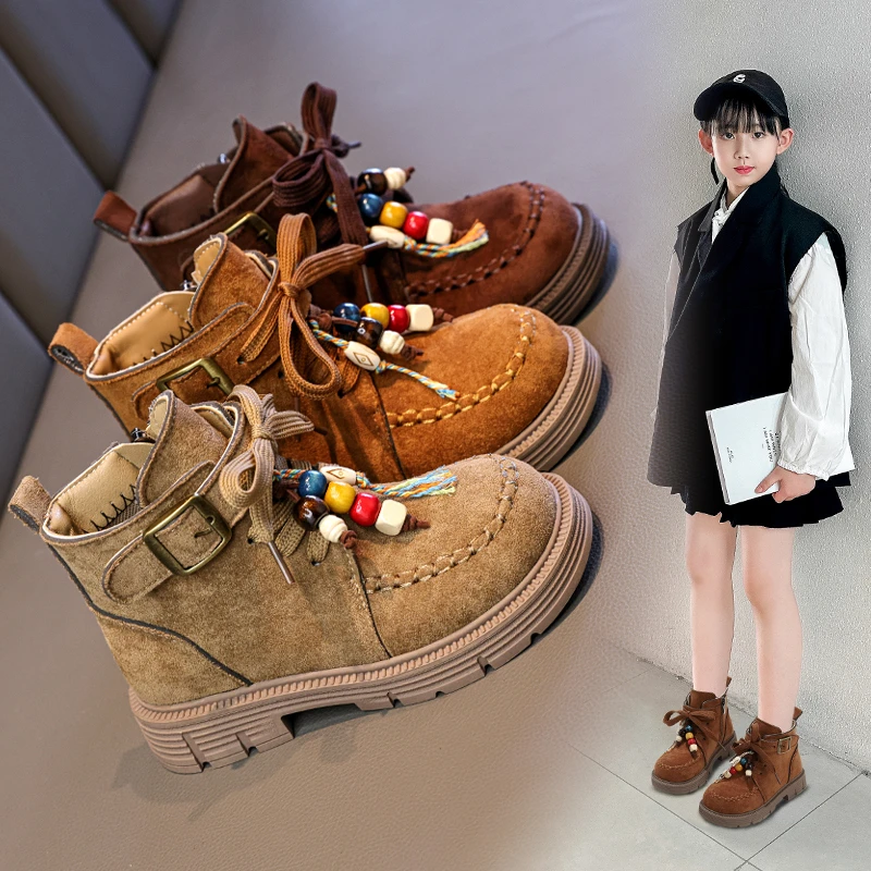 2025 Autumn Winter Children's Boots Thick Bottom Retro Bohemia Style Girls Ankle Boots Fashion Causal Kids School Leather Boots