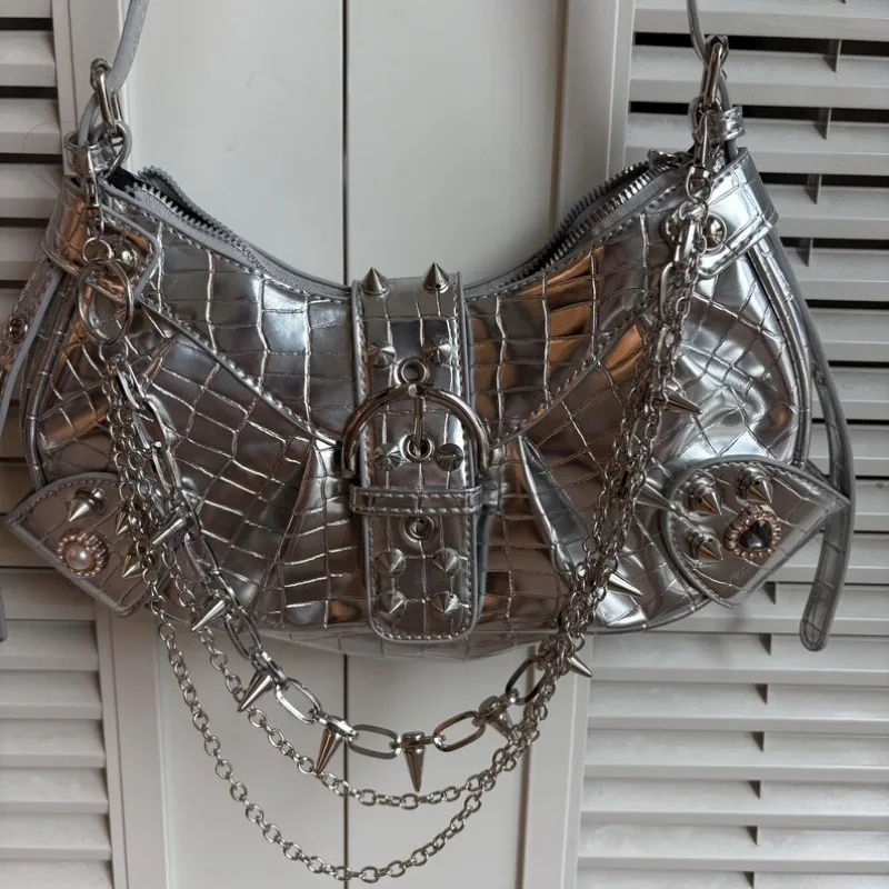 

Модная модная сумка с заклепками, милые сумки для женщин Y2k, уникальная сумка через плечо с цепочкой в стиле панк, готическая сумка