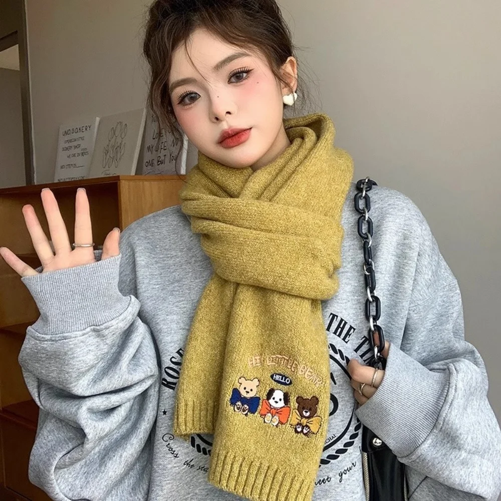 الدوبامين لطيف الدب التطريز وشاح المرأة يندبروف سميكة محبوك الرقبة أدفأ شال تنوعا الصوف أوشحة شتوية echarpe فام