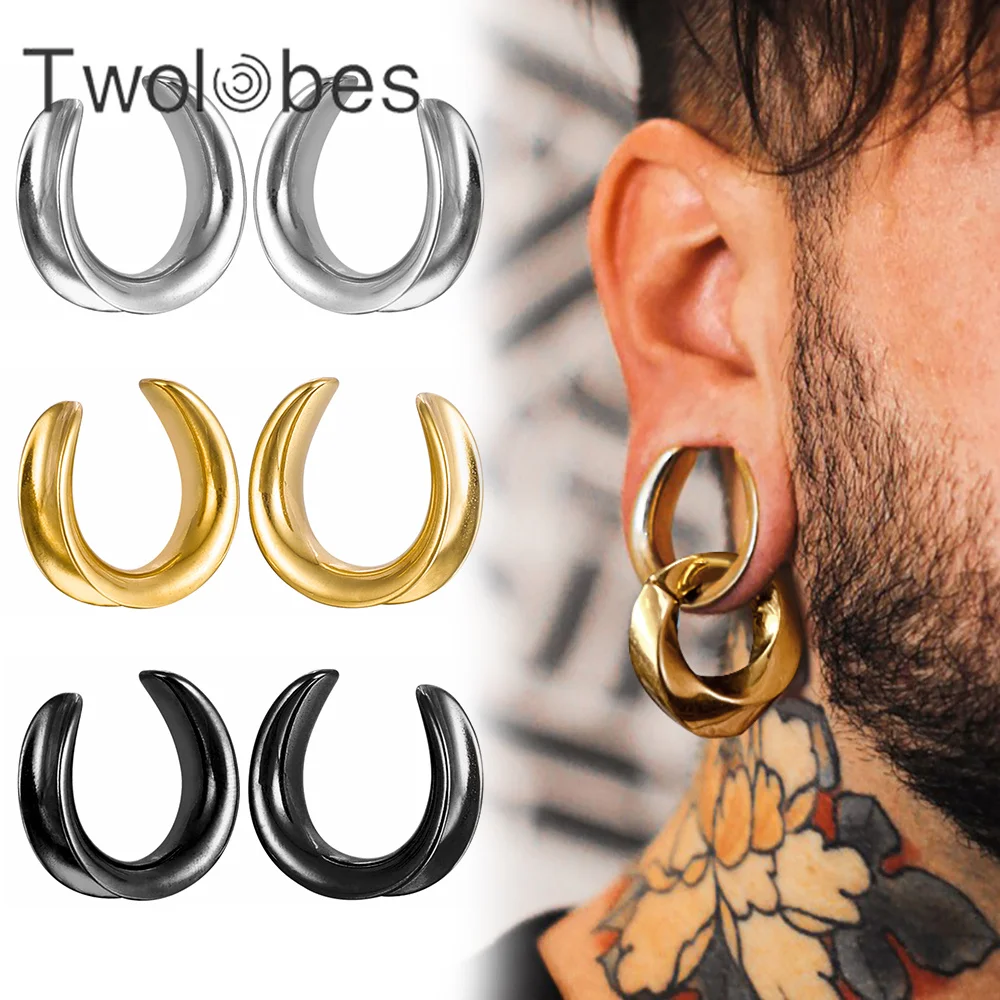 Twolobes 2PCS Saddle Ear Tunnel Plug Stainless Steel Piercing Ring Expander Studs Stretchers Body Jewelry Daily Hypoallergenic