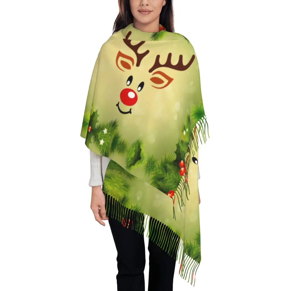 

Stylish Cartoon Reindeer Christmas Gift Tassel Scarf Women Winter Warm Shawls Wraps Ladies Scarves