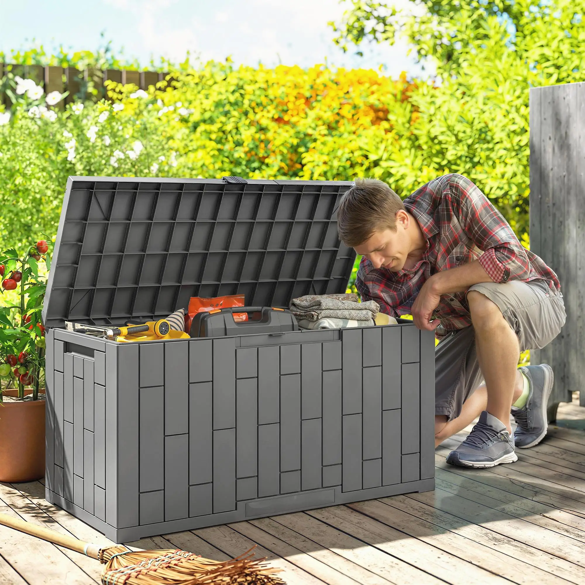 Caja de jardín de 227L, impermeable, resistente a los rayos UV, con cierre y resorte de gas, aspecto madera, 106,5 × 43 × 54,5 cm, gris