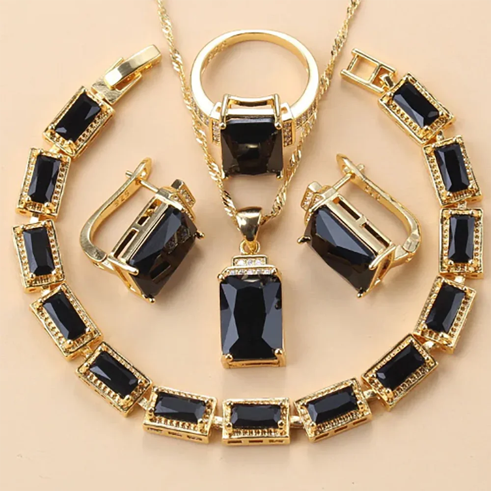 

Arab Gold Color Jewelry Sets Dubai Bridal Wedding Costume Black Zirconia Bracelet Clip Earrings African Necklace Sets