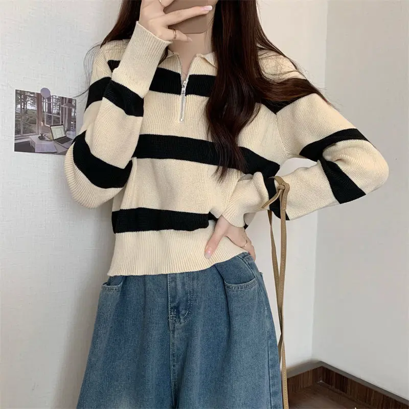 Zipper Polo Neck Stripe Loose Soft Sticky For Women In Autumn Korean Gentle And Lazy Style Lantern Sleeve Knit Sweater Trend