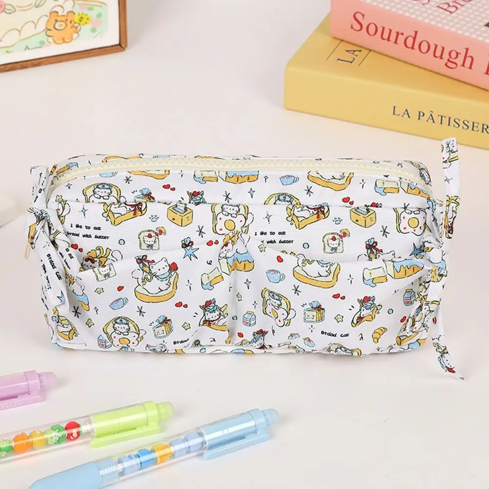 Durable Kitten Bowknot Pen Bag Large Capacity Multifunctional Stationery Bag Multilayer Stationery Storing Bag Students