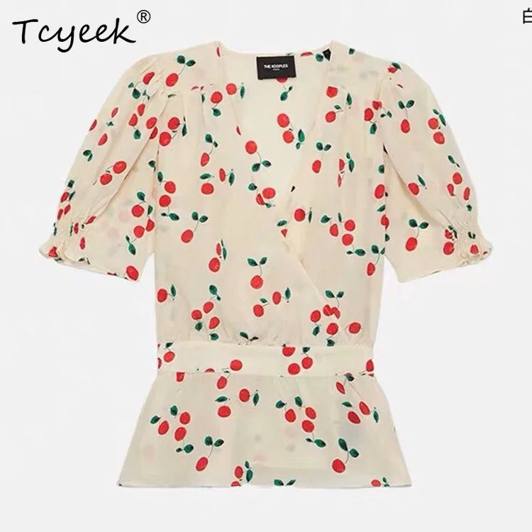 

Tcyeek Рубашка из 100% натурального шелка 18 мм, женские вишневые блузки с коротким рукавом, элегантные милые блузки во французском стиле, новые летние топы 2024 T41578QC