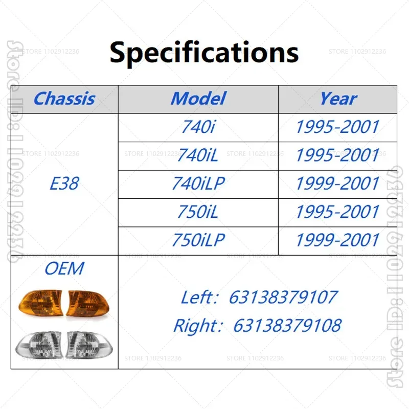 for 1995-2001 E38 BMW 740i 740iL 740iLP 750iL Front Turn Signal Corner Lights Parking Lamps (No Bulbs) 63138379107 63138379108