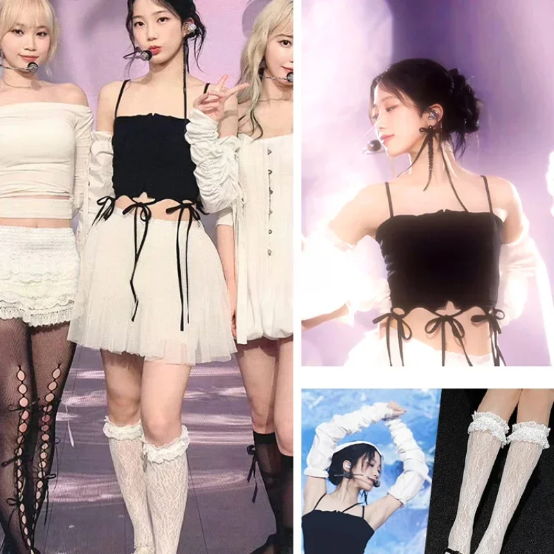 Costumes de danse Kpop coréens pour femmes, groupe de jazz, boîte de nuit, fronde à lacets noire, culture en émail mince, tenues de performance en scène Y