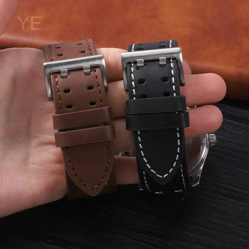 สายนาฬิกาหนังวัวแท้ระบายอากาศได้ดีเป็นมิตรต่อผิวอุปกรณ์เสริมสำหรับ H760250ฮามิลตันสีกากีการบินขนาด20 22มม.