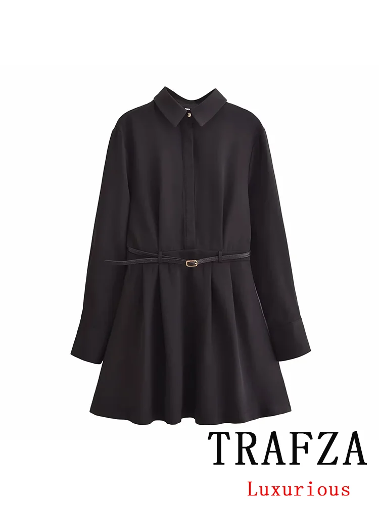 TRAFZA Vintage Casual Chic Women Dress Solid Long Sleeve Sashes Button Mini Dress New Fashion 2024 Autumn Winter Female Dress