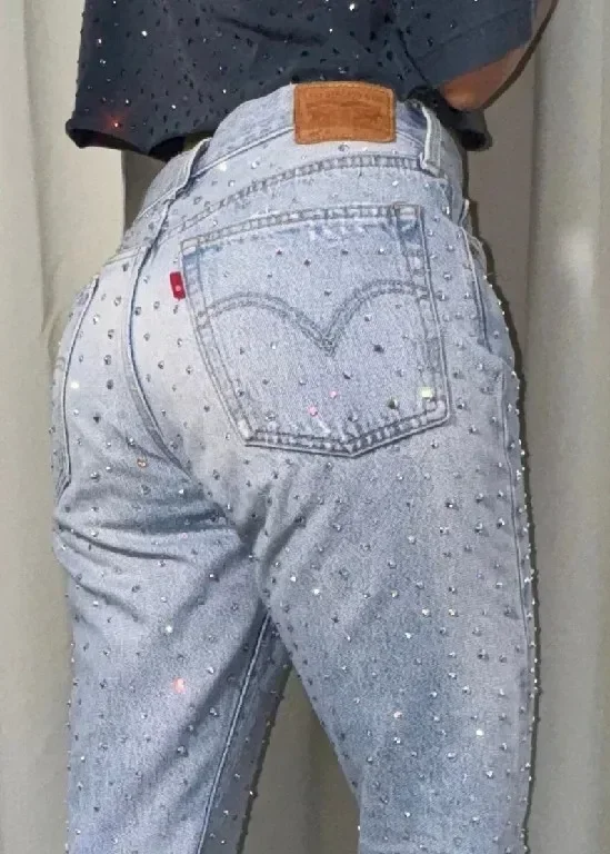 Baggy Jeans Women High Waist Slim Y2K Pants Gothic Pocket Sequins Rhinestone Retro Blue Jeans Fashion Straight Denim Trousers