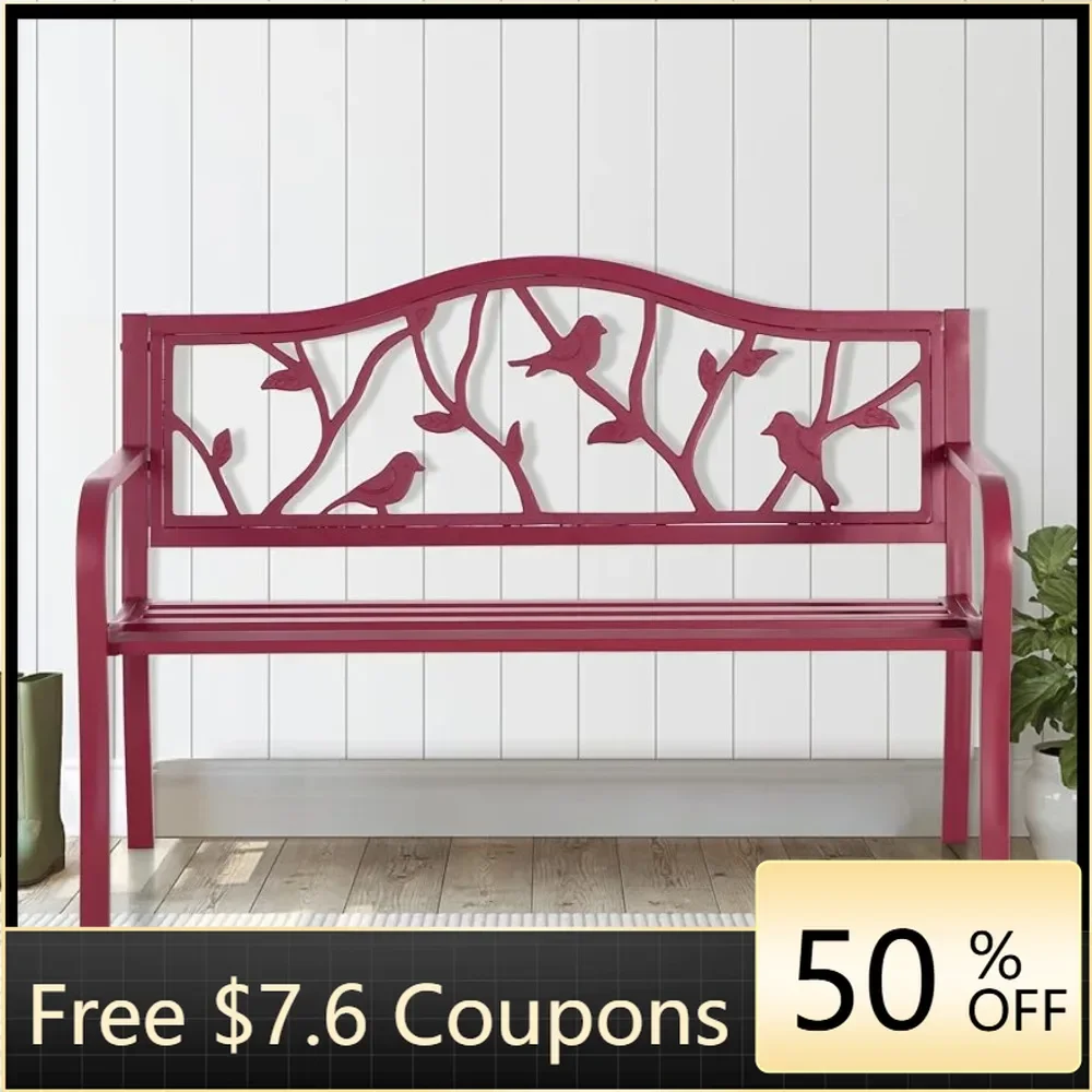 Steel Metal Frame Patio Park Bench With Bird Pattern Backrest for Porch Outside Benches Backyard 50