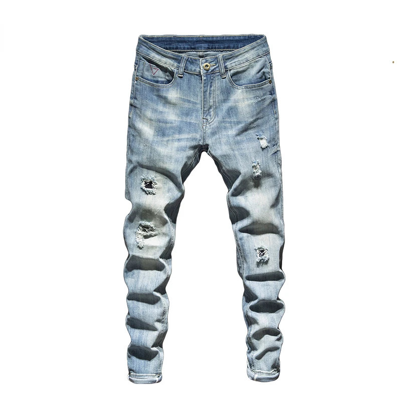 

Ripped Jeans For Men Slim Fit Retro Blue Stretch Streetwear Hip Hop Patchwork Jeans Torn Men's Motorcycle Pants Male Biker Jeans