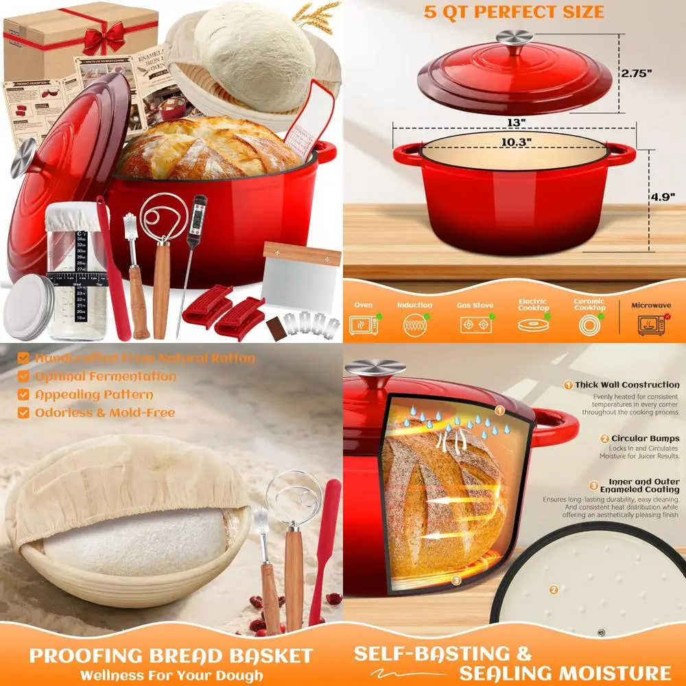 

Enameled Cast Iron Dutch Oven with Lid, Sourdough Bread Baking Kit Including Banneton and Starter