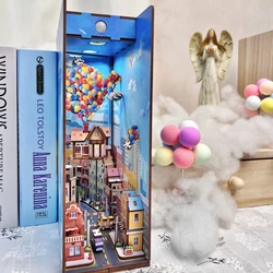 New DIY Book Nook Flying House Model Bookend Bookshelf Insert Bookcase With LED Kit Toy for Children Birthday Gift Casa