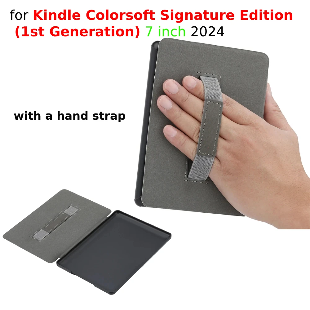 For Kindle Colorsoft Signature Edition 1st Generation Case 7 inch 2024 Leather Case with Hand Strap Auto Wake Sleep Cover Funda