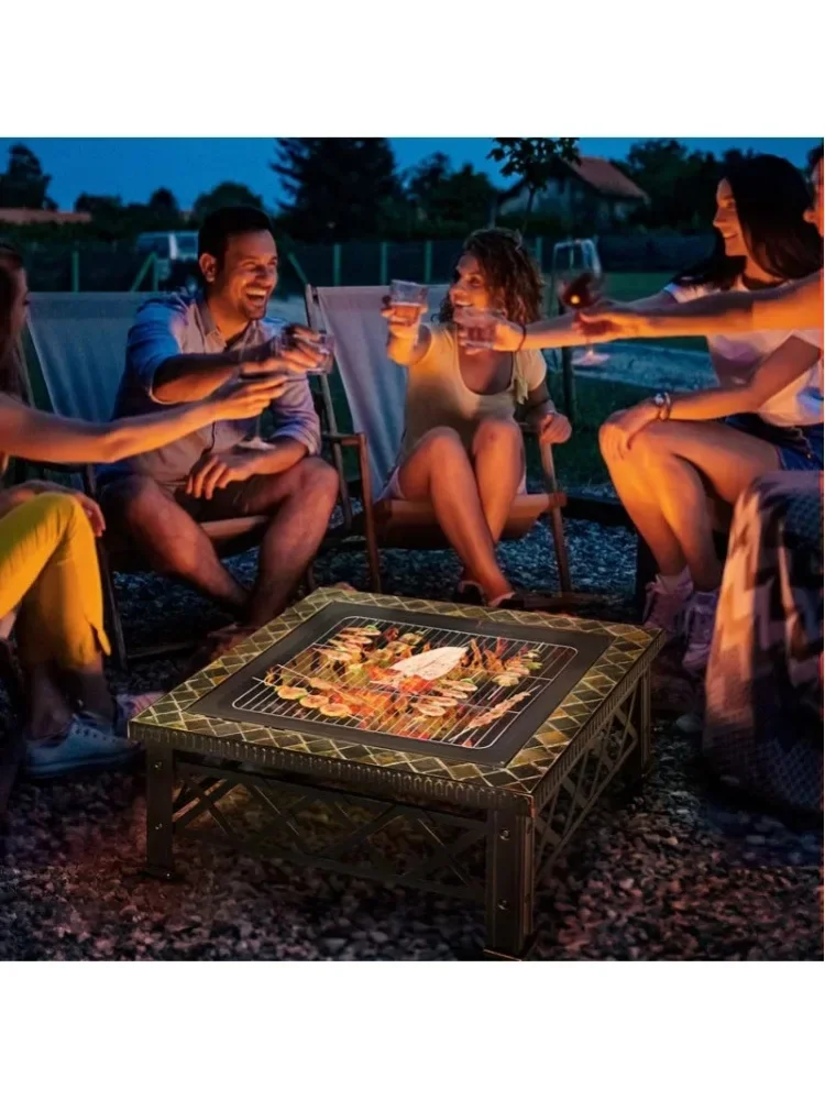 Garten-Feuerkorb mit Funkenfänger und Grillrost aus Metall 76x76x47cm Schwarz