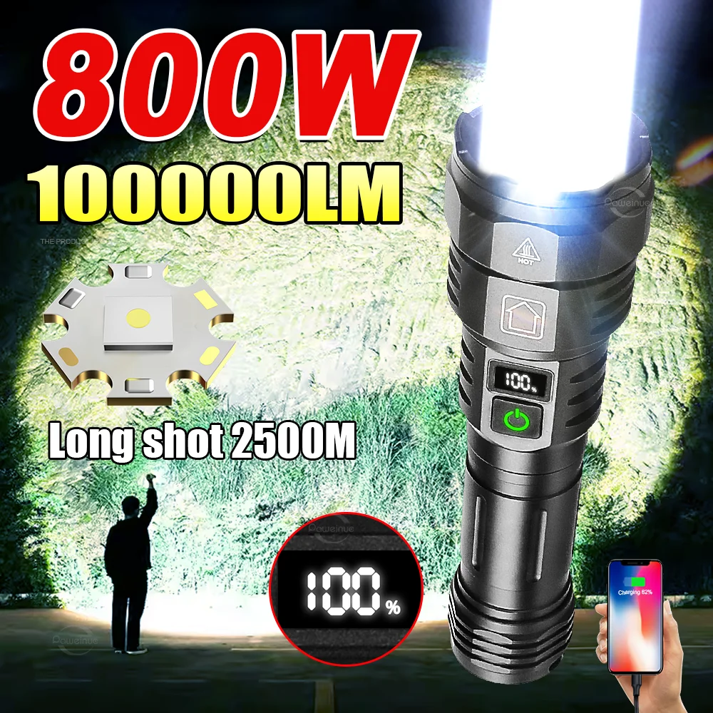 800W Ultra Powerful LED Flashlight White Laser Tactical Flash Light 26650 Rechargeable High Power Torch 2500M Camping Lantern