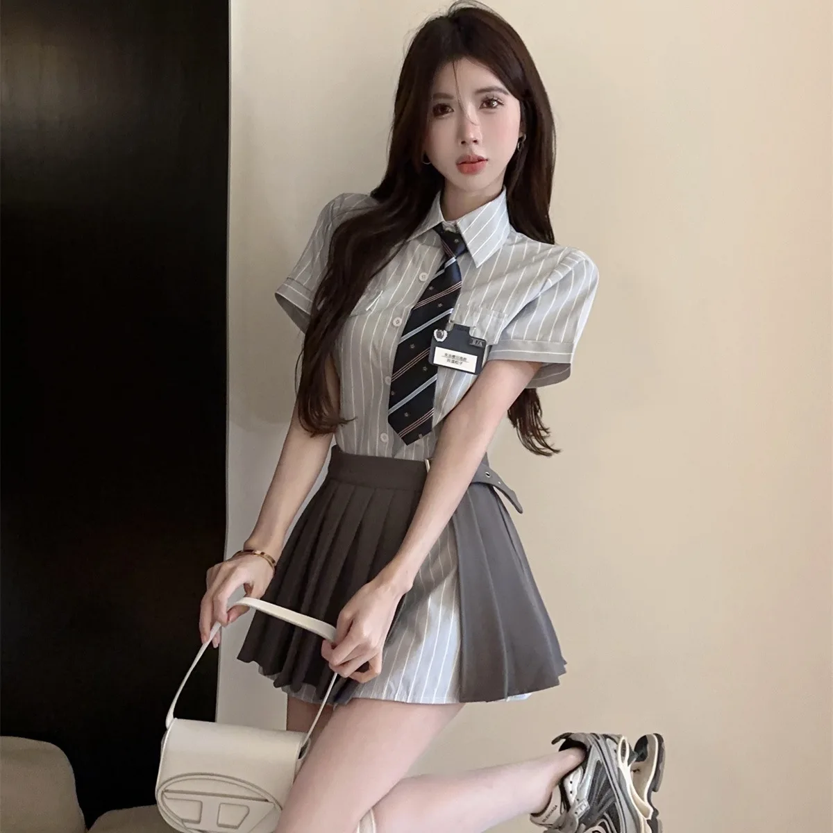 Sweet Preppy Style JK Uniform 2024 Summer Short Sleeve Uniform Set Women Hot Girl Tie Grey Shirt Belt A Line Pleated Skirt Suit