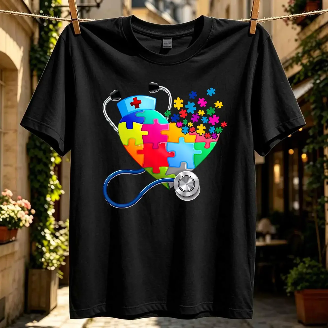 washed T Shirt Cute Nurse Heart Puzzle Autism Awareness Large Capacity Backpack Print Backpacks vintage Washed Slightly Soft