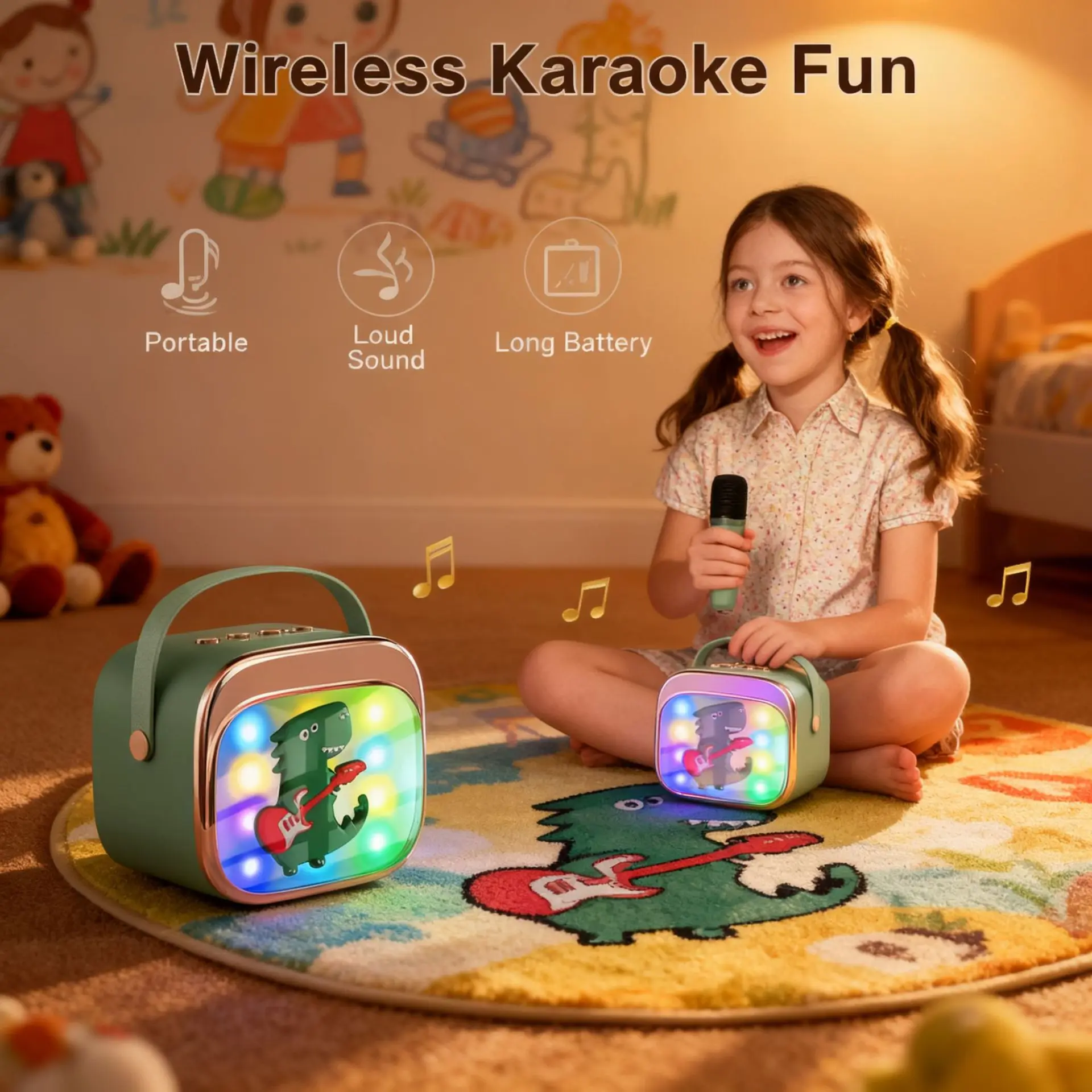 Kids Karaoke Speaker Bluetooth Wireless Mic Portable LED Light Voice Changer Creative Holiday Gift