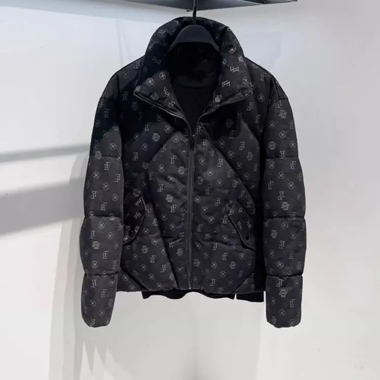 Winter down jacket men's trendy brand ins short thickened stand-up collar tooling black casual jacquard duck down jacket