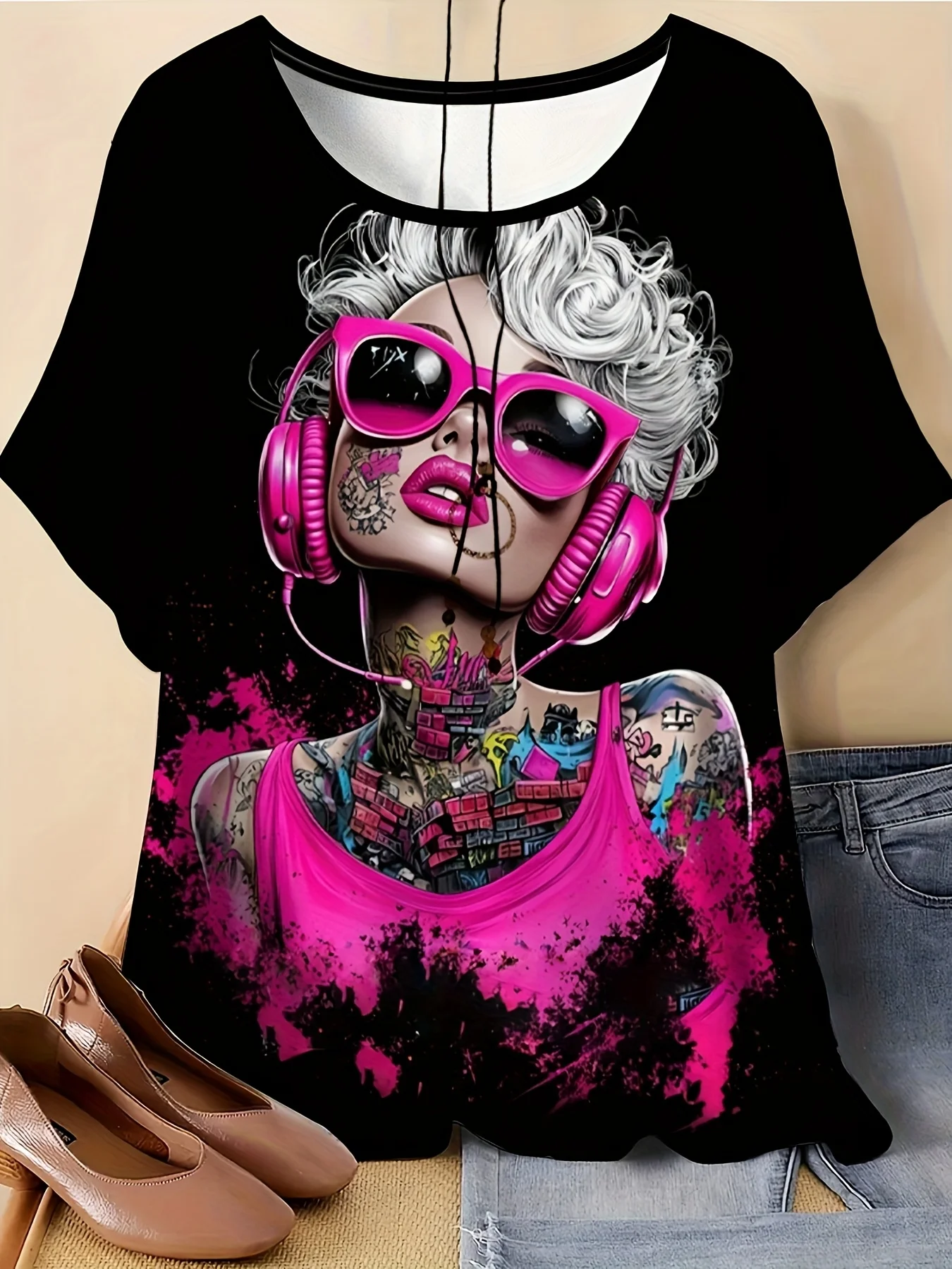 Women Punk Rock Girl Headphone Sunglass Tattoo Print T‑Shirt,O‑Neck Short Sleeve Streetwear Casual Summer Blouse Tops