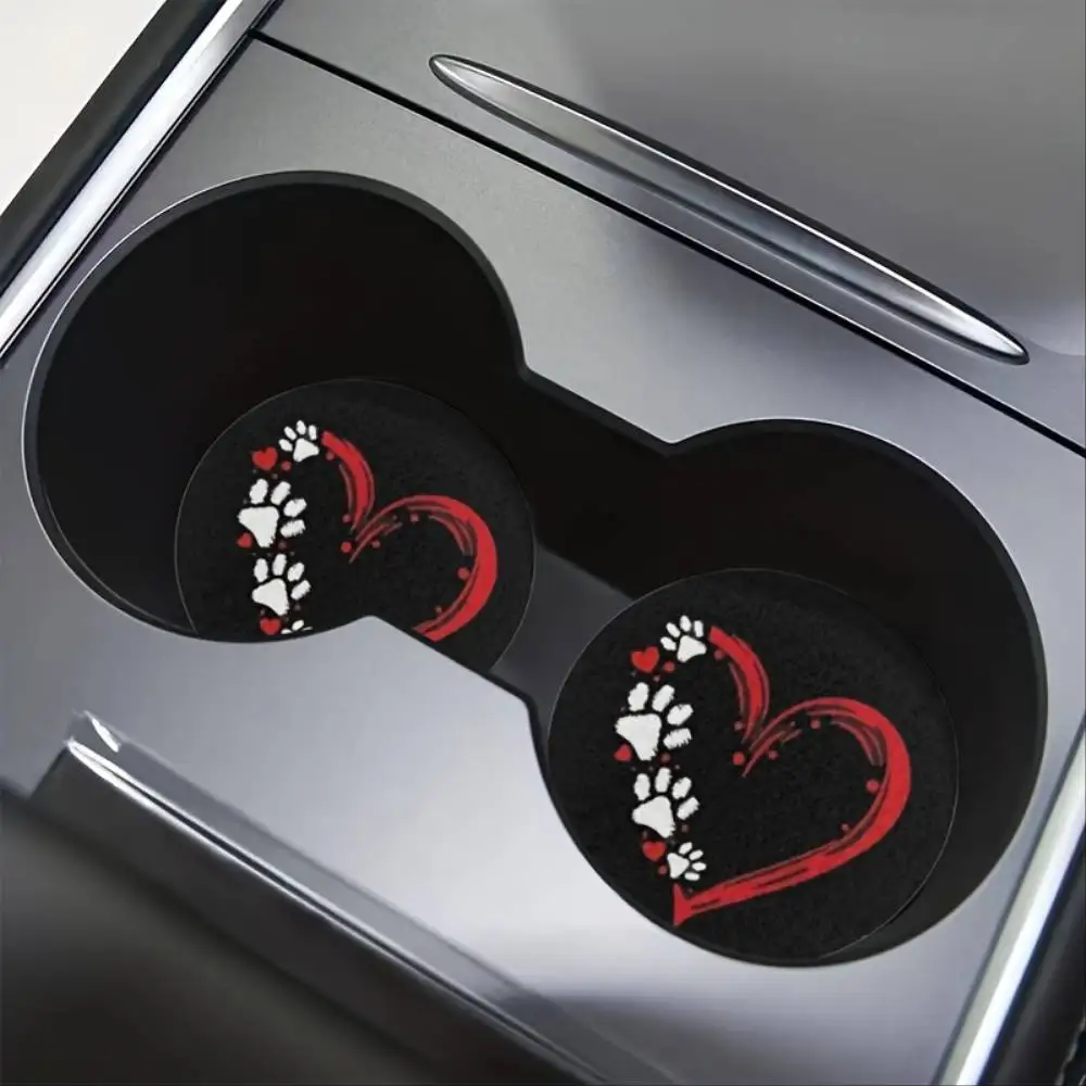 White Paws Red Heart Absorbent Car Drink Coasters Aesthetic Universal Car Interior Accessories