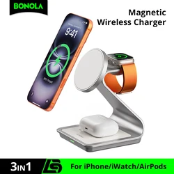 Bonola-cargador inalámbrico magnético 3 en 1 para iPhone 16/15 Pro Max/14/13, estación de carga inalámbrica de 30W para Apple Watch/AirPods Pro