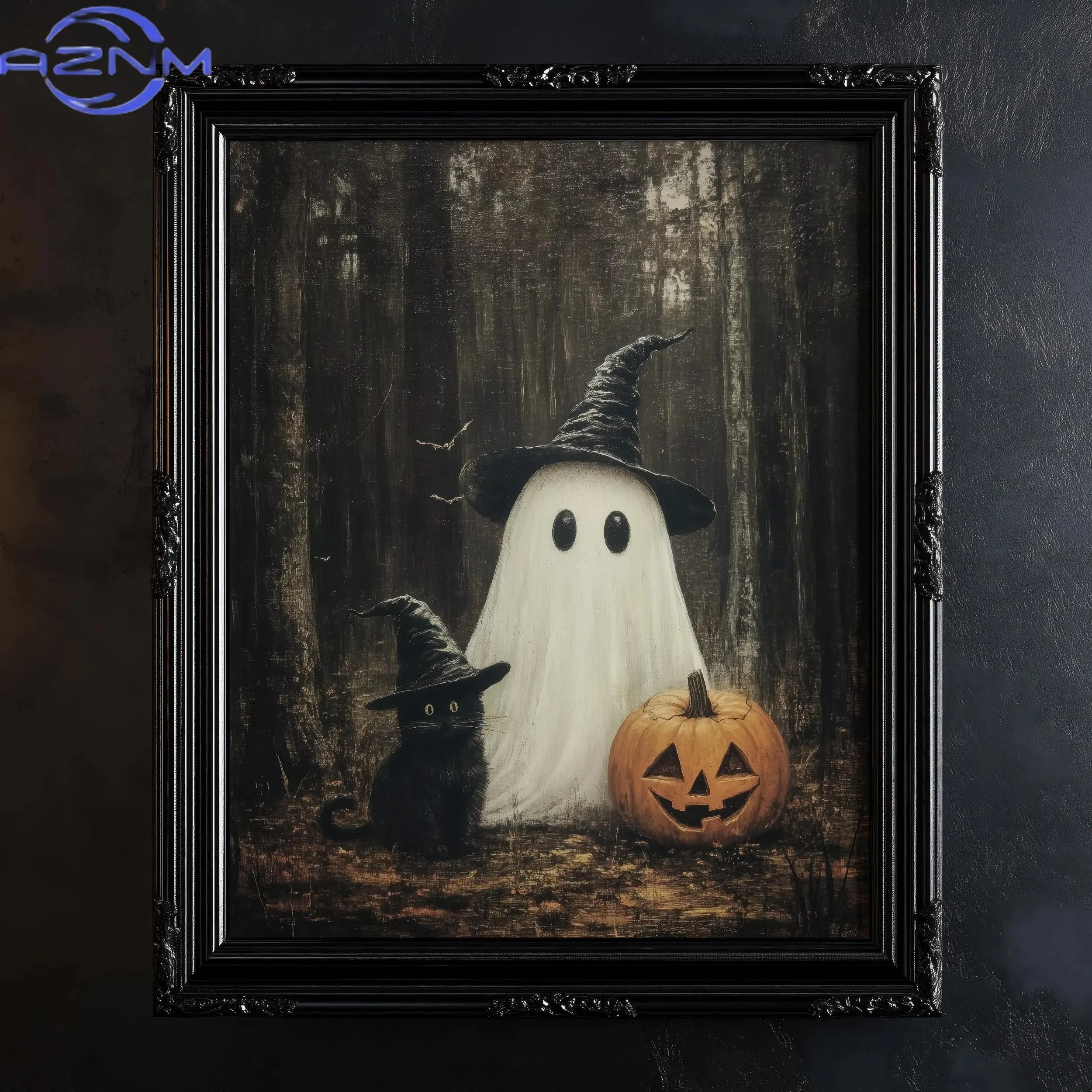 AZNM AZNM Cute Ghost Black Cat in The Dark Forest Canvas Print Ghost Swing Jack-o-lantern Halloween Wall Art Poster Living Room