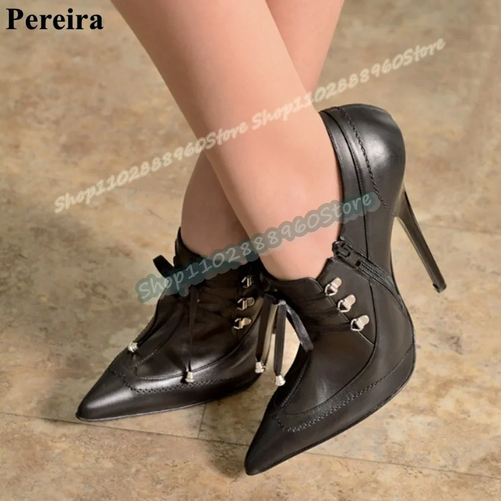 

Stylish Black Leather Cross Tied Pointy Pumps Stilettos High Heel Shoes For Women Side Zipper Pointed Toe Trending Casual Pumps