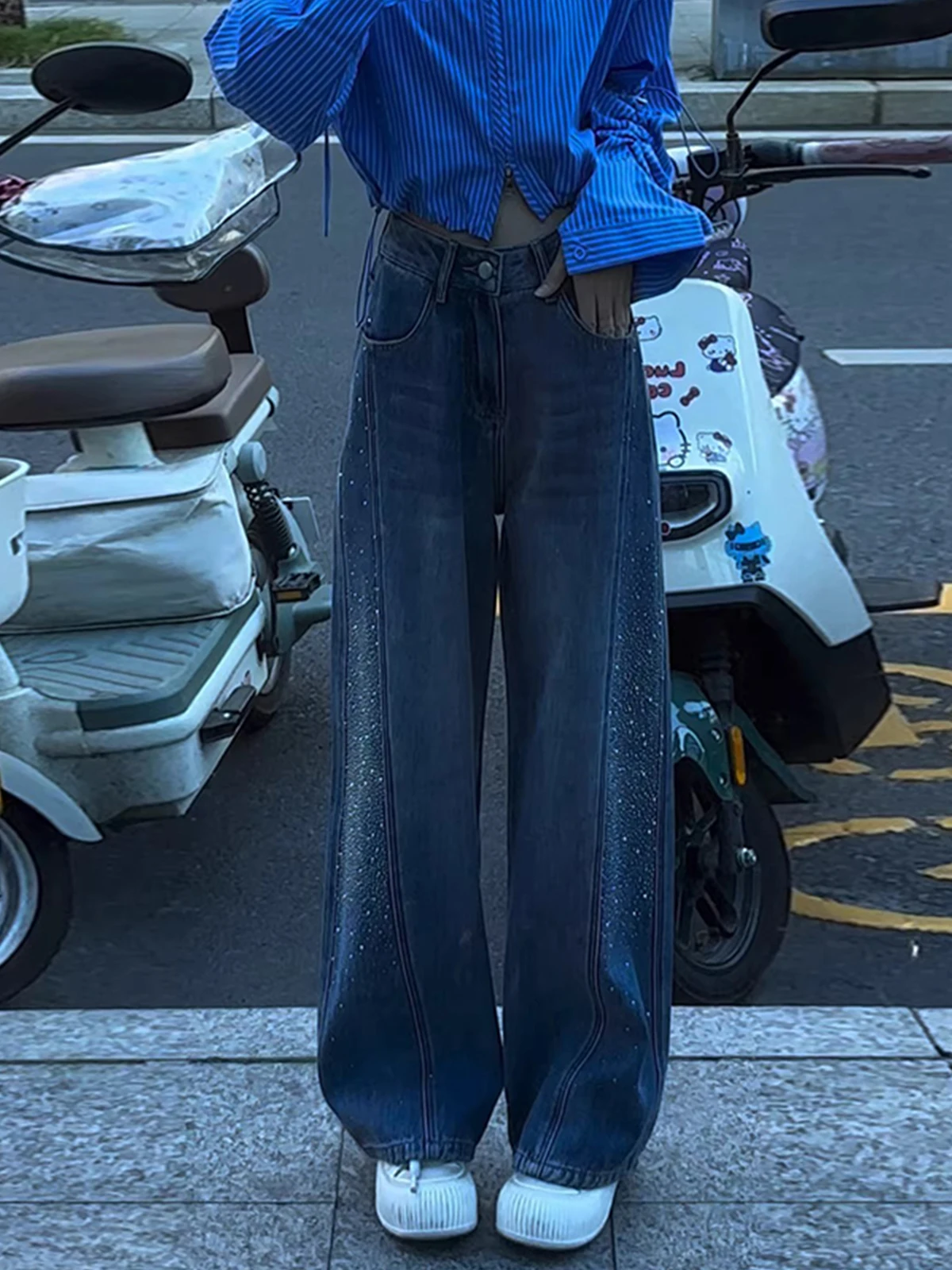 

Retro Slim Fit Fce Lined Wide Leg Denim Jeans Women's High Waist Straight Cut Floor Length Pants Casual Deep Color